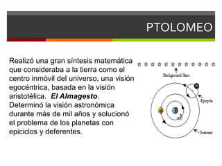 PTOLOMEO
Realizó una gran síntesis matemática
que consideraba a la tierra como el
centro inmóvil del universo, una visión
egocéntrica, basada en la visión
aristotélica. El Almagesto.
Determinó la visión astronómica
durante más de mil años y solucionó
el problema de los planetas con
epiciclos y deferentes.
 