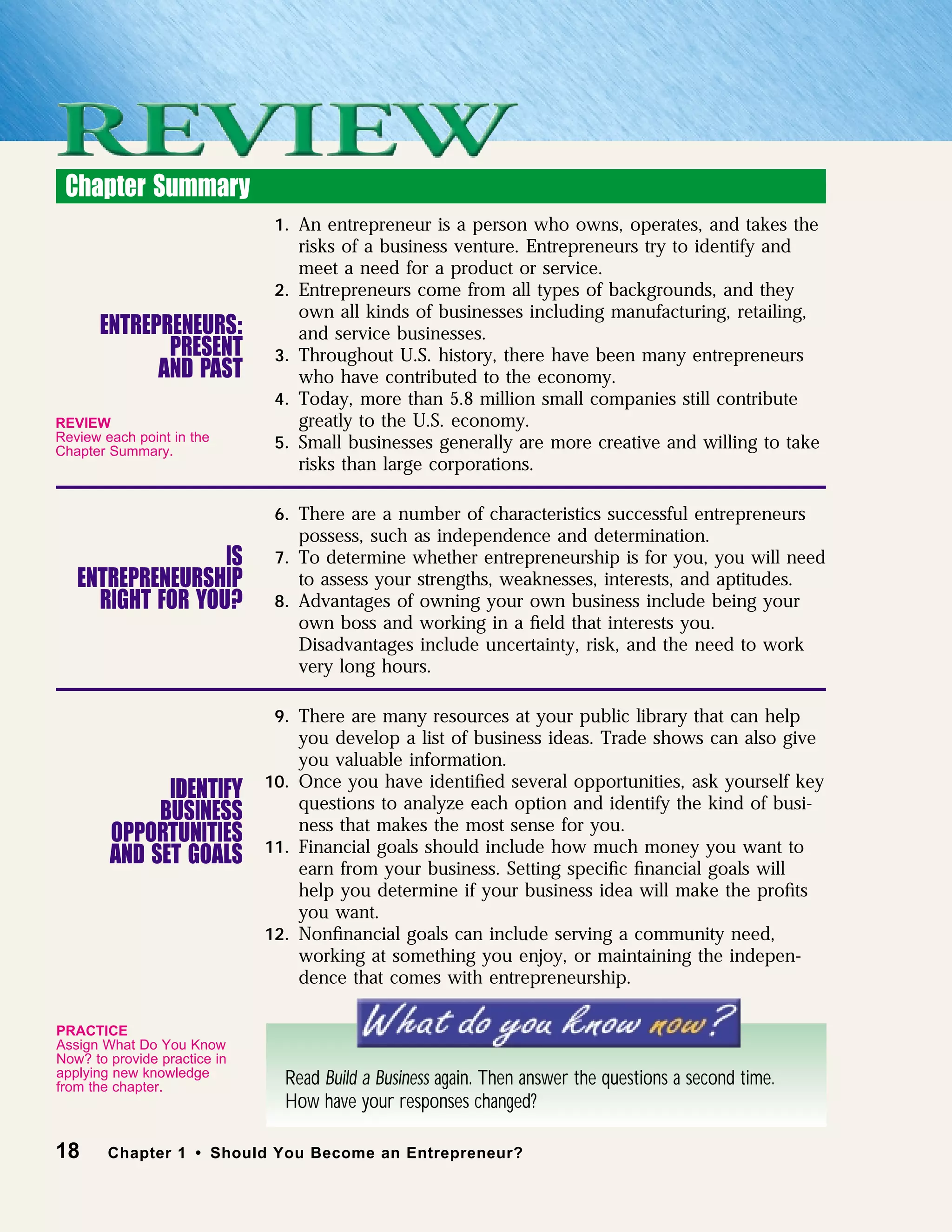 18 Chapter 1 • Should You Become an Entrepreneur?
ENTREPRENEURS:
PRESENT
AND PAST
18 Chapter 1 • Should You Become an Entrepreneur?
Chapter Summary
1. An entrepreneur is a person who owns, operates, and takes the
risks of a business venture. Entrepreneurs try to identify and
meet a need for a product or service.
2. Entrepreneurs come from all types of backgrounds, and they
own all kinds of businesses including manufacturing, retailing,
and service businesses.
3. Throughout U.S. history, there have been many entrepreneurs
who have contributed to the economy.
4. Today, more than 5.8 million small companies still contribute
greatly to the U.S. economy.
5. Small businesses generally are more creative and willing to take
risks than large corporations.
6. There are a number of characteristics successful entrepreneurs
possess, such as independence and determination.
7. To determine whether entrepreneurship is for you, you will need
to assess your strengths, weaknesses, interests, and aptitudes.
8. Advantages of owning your own business include being your
own boss and working in a ﬁeld that interests you.
Disadvantages include uncertainty, risk, and the need to work
very long hours.
9. There are many resources at your public library that can help
you develop a list of business ideas. Trade shows can also give
you valuable information.
10. Once you have identiﬁed several opportunities, ask yourself key
questions to analyze each option and identify the kind of busi-
ness that makes the most sense for you.
11. Financial goals should include how much money you want to
earn from your business. Setting speciﬁc ﬁnancial goals will
help you determine if your business idea will make the proﬁts
you want.
12. Nonﬁnancial goals can include serving a community need,
working at something you enjoy, or maintaining the indepen-
dence that comes with entrepreneurship.
IS
ENTREPRENEURSHIP
RIGHT FOR YOU?
IDENTIFY
BUSINESS
OPPORTUNITIES
AND SET GOALS
Read Build a Business again. Then answer the questions a second time.
How have your responses changed?
PRACTICE
Assign What Do You Know
Now? to provide practice in
applying new knowledge
from the chapter.
REVIEW
Review each point in the
Chapter Summary.
 