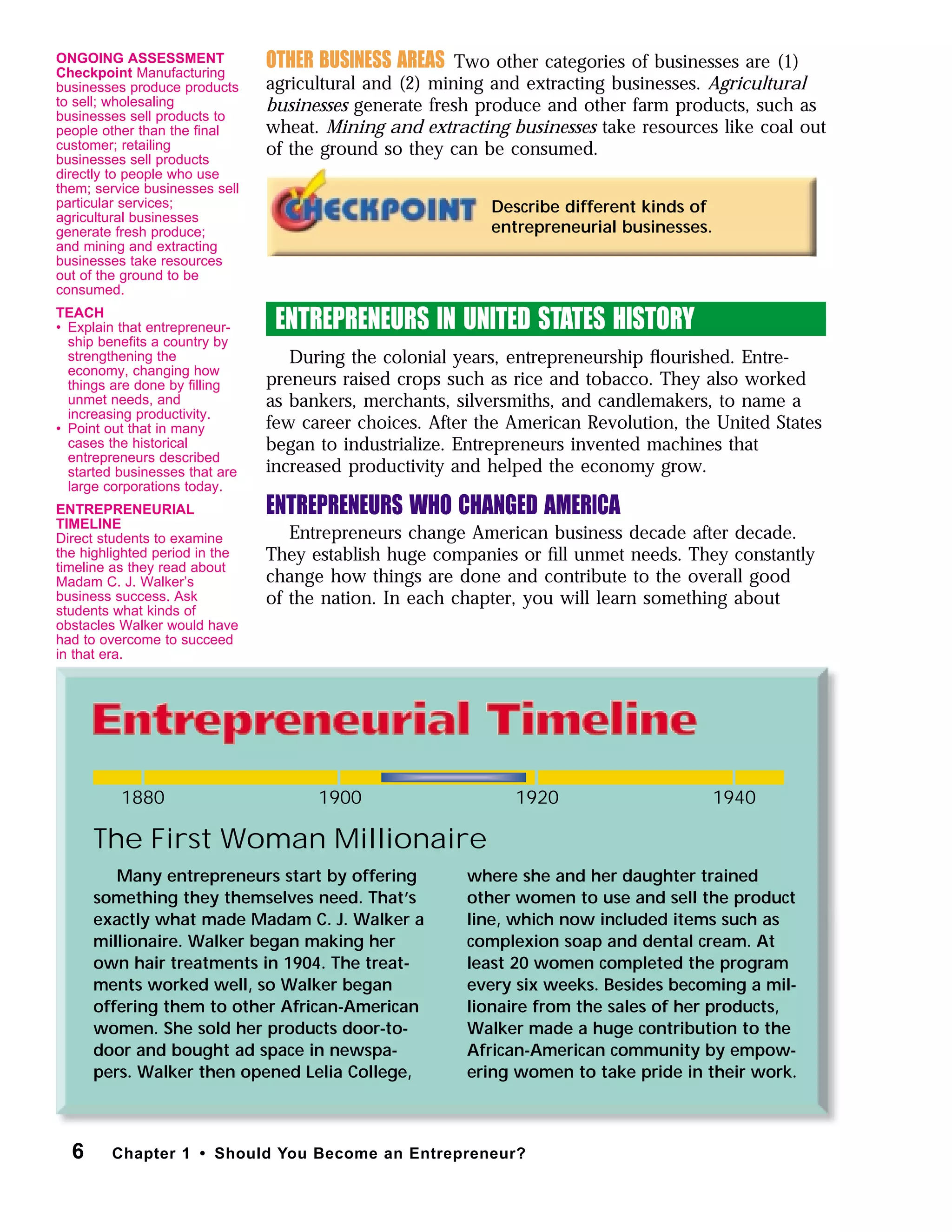 OTHER BUSINESS AREAS Two other categories of businesses are (1)
agricultural and (2) mining and extracting businesses. Agricultural
businesses generate fresh produce and other farm products, such as
wheat. Mining and extracting businesses take resources like coal out
of the ground so they can be consumed.
ENTREPRENEURS IN UNITED STATES HISTORY
During the colonial years, entrepreneurship ﬂourished. Entre-
preneurs raised crops such as rice and tobacco. They also worked
as bankers, merchants, silversmiths, and candlemakers, to name a
few career choices. After the American Revolution, the United States
began to industrialize. Entrepreneurs invented machines that
increased productivity and helped the economy grow.
ENTREPRENEURS WHO CHANGED AMERICA
Entrepreneurs change American business decade after decade.
They establish huge companies or ﬁll unmet needs. They constantly
change how things are done and contribute to the overall good
of the nation. In each chapter, you will learn something about
6 Chapter 1 • Should You Become an Entrepreneur?
Describe different kinds of
entrepreneurial businesses.
The First Woman Millionaire
1880 1900 1920 1940
Many entrepreneurs start by offering
something they themselves need. That’s
exactly what made Madam C. J. Walker a
millionaire. Walker began making her
own hair treatments in 1904. The treat-
ments worked well, so Walker began
offering them to other African-American
women. She sold her products door-to-
door and bought ad space in newspa-
pers. Walker then opened Lelia College,
where she and her daughter trained
other women to use and sell the product
line, which now included items such as
complexion soap and dental cream. At
least 20 women completed the program
every six weeks. Besides becoming a mil-
lionaire from the sales of her products,
Walker made a huge contribution to the
African-American community by empow-
ering women to take pride in their work.
ONGOING ASSESSMENT
Checkpoint Manufacturing
businesses produce products
to sell; wholesaling
businesses sell products to
people other than the ﬁnal
customer; retailing
businesses sell products
directly to people who use
them; service businesses sell
particular services;
agricultural businesses
generate fresh produce;
and mining and extracting
businesses take resources
out of the ground to be
consumed.
TEACH
• Explain that entrepreneur-
ship beneﬁts a country by
strengthening the
economy, changing how
things are done by ﬁlling
unmet needs, and
increasing productivity.
• Point out that in many
cases the historical
entrepreneurs described
started businesses that are
large corporations today.
ENTREPRENEURIAL
TIMELINE
Direct students to examine
the highlighted period in the
timeline as they read about
Madam C. J. Walker’s
business success. Ask
students what kinds of
obstacles Walker would have
had to overcome to succeed
in that era.
 