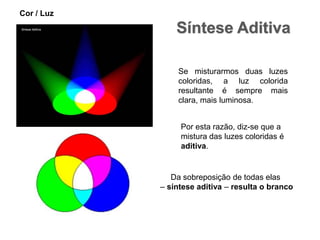 Cor / LuzSíntese AditivaSe misturarmos duas luzes coloridas, a luz colorida resultante é sempre mais clara, mais luminosa.Por esta razão, diz-se que a mistura das luzes coloridas é aditiva.Da sobreposição de todas elas  – síntese aditiva – resulta o branco