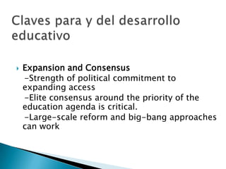 Fuerte desigualdad tanto en el acceso a la educación como en los resultadosBaja calidad en todo el sistemaRigidez estructuralCorrupción rampanteSistema escolar paralelo: las tutorías privadas Los Grandes Problemas de la Educación en los Países en Desarrollo