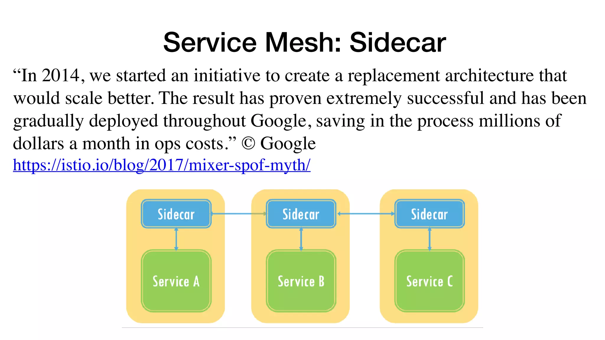 Service Mesh: Sidecar
“In 2014, we started an initiative to create a replacement architecture that
would scale better. The result has proven extremely successful and has been
gradually deployed throughout Google, saving in the process millions of
dollars a month in ops costs.” © Google
https://istio.io/blog/2017/mixer-spof-myth/
 