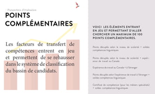 POINTS
COMPLÉMENTAIRES
Les facteurs de transfert de
compétences entrent en jeu
et permettent de se rehausser
danslesystèmedeclassification
du bassin de candidats.
Points décuplés selon le niveau de scolarité + solides
compétences linguistiques
Points décuplés selon le niveau de scolarité + expéri-
ence de travail au Canada
Expérience de travail au Canada + à l’étranger
Points décuplés selon l’expérience de travail à l’étranger +
solides compétences linguistiques
Certificat de compétence (pour les métiers spécialisés)
+ soldes compétences linguistiques
/ Paramètres d’évaluation
VOICI LES ÉLÉMENTS ENTRANT
EN JEU ET PERMETTANT D’ALLER
CHERCHER UN MAXIMUM DE 100
POINTS COMPLÉMENTAIRES.
 