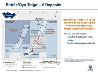 Entrée Resources | Investor Presentation | June 2019 | 4
Entrée/Oyu Tolgoi JV Deposits
Entrée/Oyu Tolgoi JV (EJV)
property is an integral part
of the world-class Oyu
Tolgoi copper-gold project
Entrée has a 20% carried interest in the Hugo North Extension and Heruga
resources and reserves.
* Shivee West is subject to a License Fees Agreement between Entrée and
OTLLC and may ultimately be included in the Entrée/Oyu Tolgoi JV property.
** Outline of mineralization projected to surface.
The EJV property includes:
• Hugo North Extension (HNE)
• Heruga
• Significant exploration potential
 