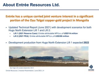 Entrée Resources | Investor Presentation | June 2021 | 4
About Entrée Resources Ltd.
▪ Updated Technical Report (June 2021) with development scenarios for both
Hugo North Extension Lift 1 and Lift 2:
▪ Lift 1 (2021 Reserve Case): Entrée attributable NPV(8%) of US$114 million
▪ Lift 2 (2021 PEA): Entrée attributable NPV(8%) of US$306 million
▪ Development production from Hugo North Extension Lift 1 expected 2022
Oyu Tolgoi mill complex (September 2017)
Entrée has a unique carried joint venture interest in a significant
portion of the Oyu Tolgoi copper-gold project in Mongolia
 