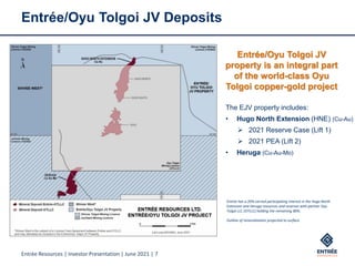 Entrée Resources | Investor Presentation | June 2021 | 7
Entrée/Oyu Tolgoi JV Deposits
Entrée/Oyu Tolgoi JV
property is an integral part
of the world-class Oyu
Tolgoi copper-gold project
Entrée has a 20% carried participating interest in the Hugo North
Extension and Heruga resources and reserves with partner Oyu
Tolgoi LLC (OTLLC) holding the remaining 80%.
Outline of mineralization projected to surface.
The EJV property includes:
• Hugo North Extension (HNE) (Cu-Au)
➢ 2021 Reserve Case (Lift 1)
➢ 2021 PEA (Lift 2)
• Heruga (Cu-Au-Mo)
 