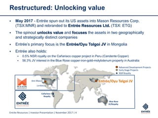 Entrée Resources | Investor Presentation | November 2017 | 4
Restructured: Unlocking value
 May 2017 - Entrée spun out its US assets into Mason Resources Corp.
(TSX:MNR) and rebranded to Entrée Resources Ltd. (TSX: ETG)
 The spinout unlocks value and focuses the assets in two geographically
and strategically distinct companies
 Entrée’s primary focus is the Entrée/Oyu Tolgoi JV in Mongolia
 Entrée also holds:
 0.5% NSR royalty on the Cañariaco copper project in Peru (Candente Copper)
 56.3% JV interest in the Blue Rose copper-iron-gold-molybdenum property in Australia
Entrée/Oyu Tolgoi JVAnn Mason
Lordsburg
Cañariaco
Royalty
Blue Rose
JV/Royalty
Early Stage Projects
Advanced Development Projects
NSR Royalty
 
