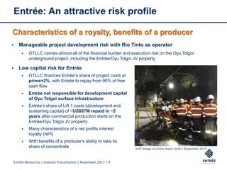 Entrée Resources | Investor Presentation | November 2017 | 9
Entrée: An attractive risk profile
Characteristics of a royalty, benefits of a producer
 Manageable project development risk with Rio Tinto as operator
 OTLLC carries almost all of the financial burden and execution risk on the Oyu Tolgoi
underground project, including the Entrée/Oyu Tolgoi JV property
 Low capital risk for Entrée
 OTLLC finances Entrée’s share of project costs at
prime+2%, with Entrée to repay from 90% of free
cash flow
 Entrée not responsible for development capital
of Oyu Tolgoi surface infrastructure
 Entrée’s share of Lift 1 costs (development and
sustaining capital) of ~US$87M repaid in ~2
years after commercial production starts on the
Entrée/Oyu Tolgoi JV property
 Many characteristics of a net profits interest
royalty (NPI)
 With benefits of a producer’s ability to take its
share of concentrate Shift change at 1250m depth, Shaft 1 (September 2017)
 