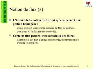 François Bonneville - Laboratoire d'Informatique de Besançon - www.bonneville.nom.fr 9
Notion de flux (3)
 L'intérêt de la notion de flux est qu'elle permet une
gestion homogène :
– quelle que soit la ressource associée au flux de données,
– quel que soit le flux (entrée ou sortie).
 Certains flux peuvent être associés à des filtres
– Combinés à des flux d’entrée ou de sortie, ils permettent de
traduire les données.
 