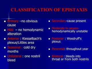 CLASSIFICATION OF EPISTAXIS
 Primary –no obvious
cause
 Mild – no hemodynamic
alteration
 Anterior : Kiesselbach’s
plexus/Littles area
 Seasonal : cold dry
months
 Unilateral : one nostril
bleed
 Secondary-cause present
 Moderate to severe-
hemodynamically unstable
 Posterior : Woodruff's
plexus
 Perennial: throughout year
 Bilateral : bleeds into
throat or from both nostrils
 