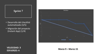Sprint 7
• Desarrollo del checklist
automatizado (3/5)
• Migración del proyecto
(Instant App) (1/4)
VELOCIDAD: 3
ESFUERZO: 4
Marzo 9 – Marzo 15
 