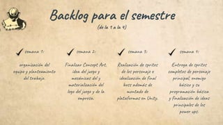 Backlog para el semestre
(de la 1 a la 4)
semana 1:
organización del
equipo y planteamiento
del trabajo.
semana 2:
Finalizar Concept Art,
idea del juego y
mecánicas del y
materialización del
logo del juego y de la
empresa.
semana 3:
Realización de sprites
de los personaje e
idealización de final
boss además de
montado de
plataformas en Unity.
semana 4:
Entrega de sprites
completos de personaje
principal, enemigo
básico y su
programación básica
y finalización de ideas
principales de los
power ups.
 
