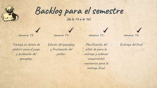 semana 13:
Trabajo en diseño de
pósters para el juego
y grabación del
gameplay.
semana 14:
Edición del gameplay
y finalización del
poster.
semana 15:
Planificación del
pitch de para la
entrega y ordenar
componentes
necesarios para la
entrega final.
semana 16:
Entrega del final
Backlog para el semestre
(de la 13 a la 16)
 