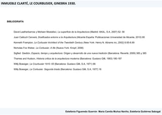 BIBLIOGRAFÍA
David Leatherbarrow y Mohsen Mostafavi, La superficie de la Arquitectura (Madrid: AKAL, S.A, 2007) 52- 56
Juan Calduch Cerverá, Dosificados entorno a la Arquitectura (Alicante España: Publicaciones Universidad de Alicante, 2010) 80
Kenneth Frampton, Le Corbusier Architect of the Twentieth Century (New York: Henry N. Abrams inc, 2002) 6.65-6.69
Nicholas Fox Weber, Le Corbusier, A life (Nueva York: Knopf, 2008)
Sigfied Giedión, Espacio, tiempo y arquitectura: Origen y desarrollo de una nueva tradición (Barcelona: Reverté, 2009) 385 y 385
Thames and Hudson, Historia critica de la arquitectura moderna (Barcelona: Gustavo Gilli, 1993) 180-187
Willy Boesiger, Le Courbusier 1910- 65 (Barcelona: Gustavo Gilli, S.A, 1971) 66
Willy Boesiger, Le Corbusier. Segunda tirada (Barcelona: Gustavo Gilli, S.A, 1977) 16
INMUEBLE CLARTÉ, LE COURBUSIER, GINEBRA 1930.
Estefanía Figueredo Guerrón, María Camila Muñoz Nariño, Estefanía Gutiérrez Sabogal
 