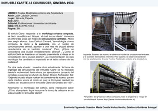 LIBRO 5: Textos Dosificados entorno a la Arquitectura
Autor: Juan Calduch Cerverá
Lugar: Alicante, España
Año: 2010
Editorial: Publicaciones Universidad de Alicante
ISBN: 978-84-9717-101-4
Página: 80
El edificio Clarté responde a la morfología urbana compacta,
es decir, de edificio en bloque, el cual en su interior comunica
los diferentes pisos por medio de circulaciones centrales. Ahora
bien, según el autor, Juan Calduch Cerverá, “la morfología urbana
compacta, la torre y la palazzina, con un núcleo de
comunicaciones central, apuntan a una idea de ciudad abierta
característica de la tradición moderna”, Pero, ¿Cómo se
consolidaría una ciudad verdaderamente abierta? , ¿Cómo el
edificio Clarté se inserta en un trazado preexistente e influye en la
consolidación de la ciudad abierta? ¿La implementación de esta
morfología ha cambiado e impactado en el tejido urbano de las
ciudades?
Por otra parte el autor, muestra cómo actualmente la forma de
organizar las circulaciones del inmueble Clarté se ha replicado
desde la modernidad hasta ahora, por ejemplo en el proyecto del
complejo residencial en Zurich de Adrian Streich Architekten AG:
“Dejando un patio al que vuelcan los corredores de acceso, que en
cierta medida, evoca el modo en que Le Corbusier resolvió los
núcleos de escaleras en el inmueble Clarté de Ginebra en 1931”.
Retomando la morfología del edificio, sería interesante saber
¿Cómo el arquitecto logra incorporar la torre y la palazzina en un
solo proyecto: El inmueble Clarté?
Izquierda: Escalera de acceso, se observa el núcleo de circulaciones verticales
y la sucesión de escaleras. Derecha: Piso superior, se observa la conexión
con los apartamentos. Fuente: Textos Dosificados entorno a la Arquitectura
Perspectiva del proyecto: Edificio compacto, todo el programa se recoge en
un solo bloque. Fuente: http://www.fondationlecorbusier.fr/
INMUEBLE CLARTÉ, LE COURBUSIER, GINEBRA 1930.
Estefanía Figueredo Guerrón, María Camila Muñoz Nariño, Estefanía Gutiérrez Sabogal
 