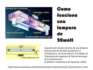 Como
                                                 funciona
                                                 una
                                                 lampara
                                                 de
                                                 20watt
                                    Esquema del circuito eléctrico de una lámpara
                                    fluorescente de 20 watt de potencia: 1.
                                    Entrada de la. corriente alterna. 2. Cebador. 3.
                                    Filamentos de tungsteno. 4.Tubo de descarga
                                    de luz fluorescente.
                                    5. Balasto o inductancia. 6. Capacitor o filtro.

http://www.asifunciona.com/electrotecnia/af_fluorescentes/af_fluorescentes_3.htm
 