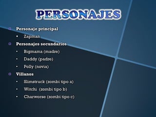 Personaje principal
   Zapman
Personajes secundarios
•   Bigmama (madre)
•   Daddy (padre)
•   Polly (novia)
Villanos
•   Slimstruck (zombi tipo a)
•   Witchi (zombi tipo b)
•   Charworse (zombi tipo c)
 