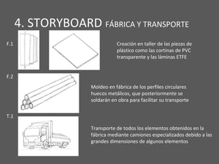 4. STORYBOARD FÁBRICA Y TRANSPORTE
Creación en taller de las piezas de
plástico como las cortinas de PVC
transparente y las láminas ETFE
F.1
F.2
Moldeo en fábrica de los perfiles circulares
huecos metálicos, que posteriormente se
soldarán en obra para facilitar su transporte
T.1
Transporte de todos los elementos obtenidos en la
fábrica mediante camiones especializados debido a las
grandes dimensiones de algunos elementos
 