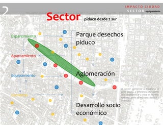 I M P A C T O C I U D A D
S E C T O R equipamiento
2 Sector piduco desde 2 sur
Esparcimiento
Aparcamiento
Equipamiento
Comercio
Parque desechos
piduco
Aglomeración
Desarrollo socio
económico
el sector comienza a equiparse a
gran escala, a diferencia del barrio
que se embellece y crece en mínimo
tamaño pero en máximo debido a
su escala
 