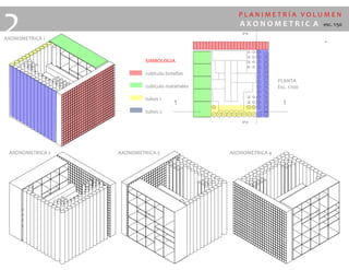 P L A N I M E T R Í A V O L U M E N
A X O N O M E T R I C A esc. 1:50
2AXONOMETRICA 1
AXONOMETRICA 2 AXONOMETRICA 3 AXONOMETRICA 4
SIMBOLOGIA
cubículo botellas
cubículo materiales
tubos 1
tubos 2
PLANTA
Esc. 1:100
 