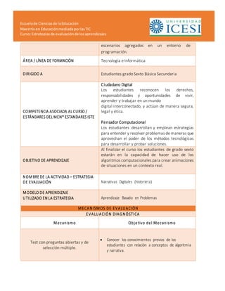 Escuelade Cienciasde laEducación
Maestría en EducaciónmediadaporlasTIC
Curso:Estrategiasde evaluaciónde losaprendizajes
escenarios agregados en un entorno de
programación.
ÁREA / LÍNEA DE FORMACIÓN Tecnología e Informática
DIRIGIDO A Estudiantes grado Sexto Básica Secundaria
COMPETENCIA ASOCIADA AL CURSO /
ESTÁNDARES DEL MEN* ESTANDARES ISTE
Ciudadano Digital
Los estudiantes reconocen los derechos,
responsabilidades y oportunidades de vivir,
aprender y trabajar en un mundo
digital interconectado, y actúan de manera segura,
legal y ética.
Pensador Computacional
Los estudiantes desarrollan y emplean estrategias
para entender y resolver problemas de maneras que
aprovechan el poder de los métodos tecnológicos
para desarrollar y probar soluciones.
OBJETIVO DE APRENDIZAJE
Al finalizar el curso los estudiantes de grado sexto
estarán en la capacidad de hacer uso de los
algoritmos computacionales para crear animaciones
de situaciones en un contexto real.
NOMBRE DE LA ACTIVIDAD – ESTRATEGIA
DE EVALUACIÓN Narrativas Digitales (historieta)
MODELO DE APRENDIZAJE
UTILIZADO EN LA ESTRATEGIA Aprendizaje Basado en Problemas
MECANISMOS DE EVALUACIÓN
EVALUACIÓN DIAGNÓSTICA
Mecanismo Objetivo del Mecanismo
Test con preguntas abiertas y de
selección múltiple.
 Conocer los conocimientos previos de los
estudiantes con relación a conceptos de algoritmia
y narrativa.
 