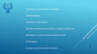 UNIVERSIDAD TECNOLOGICA DE MEXICO
CAMPUS MARINA
MAESTRÍA EN EDUCACIÓN
MATERIA: PLANEACIÓN EDUCATIVA Y DISEÑO CURRICULAR
PROFESOR: Dr. JUAN DE JESUS ALVARADO ORTIZ
ENTREGABLE 1
ALUMNO: AGUSTIN SALCEDO LOZADA
1
 