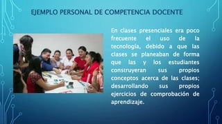 EJEMPLO PERSONAL DE COMPETENCIA DOCENTE
En clases presenciales era poco
frecuente el uso de la
tecnología, debido a que las
clases se planeaban de forma
que las y los estudiantes
construyeran sus propios
conceptos acerca de las clases;
desarrollando sus propios
ejercicios de comprobación de
aprendizaje.
 