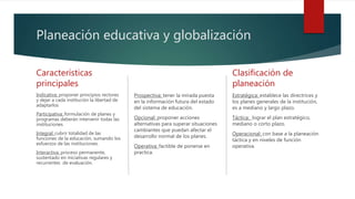 Planeación educativa y globalización
Características
principales
Indicativa: proponer principios rectores
y dejar a cada institución la libertad de
adaptarlos
Participativa: formulación de planes y
programas deberán intervenir todas las
instituciones.
Integral: cubrir totalidad de las
funciones de la educación, sumando los
esfuerzos de las instituciones.
Interactiva: proceso permanente,
sustentado en iniciativas regulares y
recurrentes de evaluación.
Prospectiva: tener la mirada puesta
en la información futura del estado
del sistema de educación.
Opcional: proponer acciones
alternativas para superar situaciones
cambiantes que puedan afectar el
desarrollo normal de los planes.
Operativa: factible de ponerse en
practica.
Clasificación de
planeación
Estratégica: establece las directrices y
los planes generales de la institución,
es a mediano y largo plazo.
Táctica: lograr el plan estratégico,
mediano o corto plazo.
Operacional: con base a la planeación
táctica y en niveles de función
operativa.
 
