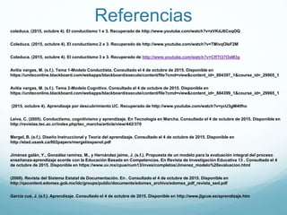 Referencias
coleduca. (2015, octubre 4). El conductismo 1 e 3. Recuperado de http://www.youtube.com/watch?v=zVKdJ6CoqOQ
Coleduca. (2015, octubre 4). El conductismo 2 e 3. Recuperado de http://www.youtube.com/watch?v=TMivqOIeF2M
Coleduca. (2015, octubre 4). El conductismo 3 e 3. Recuperado de http://www.youtube.com/watch?v=CRTt37OaM3g
Avitia vargas, M. (s.f.). Tema 1-Modelo Conductista. Consultado el 4 de octubre de 2015. Disponible en
https://uniteconline.blackboard.com/webapps/blackboard/execute/content/file?cmd=view&content_id=_884397_1&course_id=_29965_1
Avitia vargas, M. (s.f.). Tema 2-Modelo Cognitivo. Consultado el 4 de octubre de 2015. Disponible en
https://uniteconline.blackboard.com/webapps/blackboard/execute/content/file?cmd=view&content_id=_884399_1&course_id=_29965_1
(2015, octubre 4). Aprendizaje por descubrimiento UC. Recuperado de http://www.youtube.com/watch?v=ycU3gM4tfho
Leiva, C. (2005). Conductismo, cognitivismo y aprendizaje. En Tecnología en Marcha. Consultado el 4 de octubre de 2015. Disponible en
http://revistas.tec.ac.cr/index.php/tec_marcha/article/view/442/370
Mergel, B. (s.f.). Diseño Instruccional y Teoría del aprendizaje. Consultado el 4 de octubre de 2015. Disponible en
http://etad.usask.ca/802papers/mergel/espanol.pdf
Jiménez galán, Y., González ramírez, M., y Hernández jaime, J. (s.f.). Propuesta de un modelo para la evaluación integral del proceso
enseñanza-aprendizaje acorde con la Educación Basada en Competencias. En Revista de Investigación Educativa 13 . Consultado el 4
de octubre de 2015. Disponible en https://www.uv.mx/cpue/num13/inves/completos/Jimenez_modelo%20evaluacion.html
(2008). Revista del Sistema Estatal de Documentación. En . Consultado el 4 de octubre de 2015. Disponible en
http://qacontent.edomex.gob.mx/idc/groups/public/documents/edomex_archivo/edomex_pdf_revista_sed.pdf
García cué, J. (s.f.). Aprendizaje. Consultado el 4 de octubre de 2015. Disponible en http://www.jlgcue.es/aprendizaje.htm
 