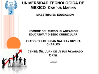 UNIVERSIDAD TECNOLOGICA DE
MEXICO CAMPUS MARINA
MAESTRIA: EN EDUCACION
NOMBRE DEL CURSO: PLANEACION
EDUCATIVA Y DISEÑO CURRICULAR
ELABORO: LIC.SUSAN NALLELY RIVERA
CHARLES
DOCENTE: DR. JUAN DE JESÚS ALVARADO
ORTIZ
16/06/16
FECHA : 19 DE MAYO 2016
 