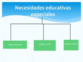 Necesidades educativas
especiales
Origen personal Origen social Origen cultural
 