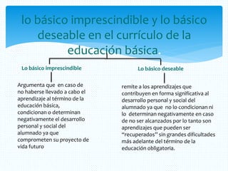 lo básico imprescindible y lo básico
deseable en el currículo de la
educación básica.
Argumenta que en caso de
no haberse llevado a cabo el
aprendizaje al término de la
educación básica,
condicionan o determinan
negativamente el desarrollo
personal y social del
alumnado ya que
comprometen su proyecto de
vida futuro
remite a los aprendizajes que
contribuyen en forma significativa al
desarrollo personal y social del
alumnado ya que no lo condicionan ni
lo determinan negativamente en caso
de no ser alcanzados por lo tanto son
aprendizajes que pueden ser
“recuperados” sin grandes dificultades
más adelante del término de la
educación obligatoria.
Lo básico imprescindible Lo básico deseable
 