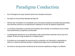 Paradigma Conductista
• Es el Paradigma de mayor tradición dentro de la disciplina educativa.
• Se originó en las primeras décadas del siglo XX
• Skinner dice “el profesor es considerado como una persona dotada de competencias aprendidas,
que transmite conforme a una planificación realizada en función de objetivos específicos”.
• La corriente conductista no permite que el profesor sea innovador, la enseñanza se da a través
de procedimientos y programas conductuales.
• La participación del alumno se ve restringida y está condicionada a aprender solo lo que se le
enseña. El alumno funge el papel de un receptor pasivo.
• El profesor es el encargado de proporcionar los contenidos o la información y depositarla al
alumno y a base de estímulos (puntos o calificaciones) lograr que el estudiante aprenda.
• Se centra en las ejecuciones mecánicas de las acciones repetitivas sin llegar a la reflexión.
 