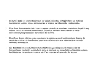 • El alumno debe ser entendido como un ser social, producto y protagonista de las múltiples
interacciones sociales en que se involucra a lo largo de su vida escolar y extraescolar.
• El profesor debe ser entendido como un agente cultural que enseña en un contexto de prácticas y
medios socioculturalmente determinados, y como un mediador esencial entre el saber
sociocultural y los procesos de apropiación del alumno.
• El profesor deberá intentar en su enseñanza, la creación y construcción conjunta de zona de
desarrollo próximo con los alumnos, por medio de la estructura de sistemas de andamiaje
flexibles y estratégicos.
• Las didácticas deben incluir los instrumentos físicos y psicológicos, la utilización de las
tecnologías de mediación sociocultural, como la escritura, las computadoras, las redes sociales,
las bibliotecas, hemerotecas, museos, etc. Para promover el desarrollo del alumno.
 