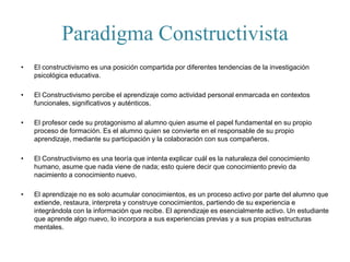 Paradigma Constructivista
• El constructivismo es una posición compartida por diferentes tendencias de la investigación
psicológica educativa.
• El Constructivismo percibe el aprendizaje como actividad personal enmarcada en contextos
funcionales, significativos y auténticos.
• El profesor cede su protagonismo al alumno quien asume el papel fundamental en su propio
proceso de formación. Es el alumno quien se convierte en el responsable de su propio
aprendizaje, mediante su participación y la colaboración con sus compañeros.
• El Constructivismo es una teoría que intenta explicar cuál es la naturaleza del conocimiento
humano, asume que nada viene de nada; esto quiere decir que conocimiento previo da
nacimiento a conocimiento nuevo.
• El aprendizaje no es solo acumular conocimientos, es un proceso activo por parte del alumno que
extiende, restaura, interpreta y construye conocimientos, partiendo de su experiencia e
integrándola con la información que recibe. El aprendizaje es esencialmente activo. Un estudiante
que aprende algo nuevo, lo incorpora a sus experiencias previas y a sus propias estructuras
mentales.
 