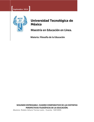[Septiembre 2014 ] 
Universidad Tecnológica de 
México 
Maestría en Educación en Línea. 
Materia: Filosofía de la Educación 
SEGUNDO ENTREGABLE. CUADRO COMPARATIVO DE LAS DISTINTAS 
PERSPECTIVAS FILOSÓFICAS DE LA EDUCACIÓN. 
Alumno: Rubén Arturo Torres León. Cuenta: 14012955 
 