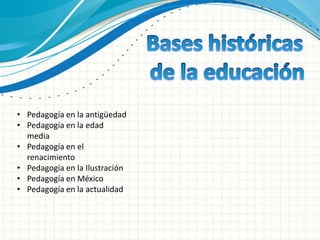 • Pedagogía en la antigüedad
• Pedagogía en la edad
media
• Pedagogía en el
renacimiento
• Pedagogía en la Ilustración
• Pedagogía en México
• Pedagogía en la actualidad
 