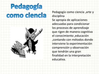 Pedagogía como ciencia ,arte y
disciplina
Se apropia de aplicaciones
adecuadas para condicionar
los procesos de aprendizaje
que rigen de manera cognitiva
el conocimiento ,educación
,contando con métodos donde
interviene la experimentación
comprensión y observación
que tendrán una gran
finalidad en la interpretación
educativa.
 