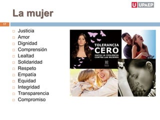 La mujer
 Justicia
 Amor
 Dignidad
 Comprensión
 Lealtad
 Solidaridad
 Respeto
 Empatía
 Equidad
 Integridad
 Transparencia
 Compromiso
17
 