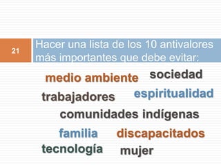Hacer una lista de los 10 antivalores
más importantes que debe evitar:
21
medio ambiente
trabajadores
sociedad
espiritualidad
familia discapacitados
mujertecnología
comunidades indígenas
 