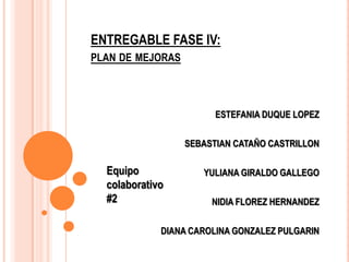 ENTREGABLE FASE IV:
PLAN DE MEJORAS

ESTEFANIA DUQUE LOPEZ
SEBASTIAN CATAÑO CASTRILLON

Equipo
colaborativo
#2

YULIANA GIRALDO GALLEGO
NIDIA FLOREZ HERNANDEZ

DIANA CAROLINA GONZALEZ PULGARIN

 