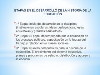 ETAPAS EN EL DESARROLLO DE LA HISTORIA DE LA
EDUCACIÓN
*1ª Etapa: Inicio del desarrollo de la disciplina.
(instituciones escolares, ideas pedagógicas, leyes
educativas y grandes educadores.
*2ª Etapa: El papel desempeñado por la educación en
los procesos políticos, capacitación en la fuerza del
trabajo y relación entre clases sociales.
*3ª Etapa: Nuevas perspectivas para la historia de la
educación. El crecimiento del sistema educativo,
planes y programas de estudio, distribución y acceso a
la escuela.
 