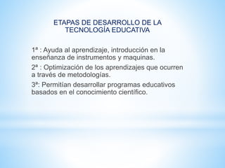 ETAPAS DE DESARROLLO DE LA
TECNOLOGÍA EDUCATIVA
1ª : Ayuda al aprendizaje, introducción en la
enseñanza de instrumentos y maquinas.
2ª : Optimización de los aprendizajes que ocurren
a través de metodologías.
3ª: Permitían desarrollar programas educativos
basados en el conocimiento científico.
 