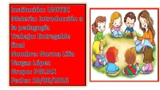 Institución: UNITEC
Introducción a la pedagogía
Trabajo: Entregable final
Nombre: Norma Lilia Vargas López
Gruo: PGLIAX
Fecha: 19/06/2016
 