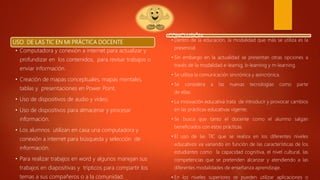 USO DE LAS TIC EN MI PRÁCTICA DOCENTE.
• Computadora y conexión a internet para actualizar y
profundizar en los contenidos, para revisar trabajos o
enviar información.
• Creación de mapas conceptuales, mapas mentales,
tablas y presentaciones en Power Point.
• Uso de dispositivos de audio y video.
• Uso de dispositivos para almacenar y procesar
información.
• Los alumnos utilizan en casa una computadora y
conexión a internet para búsqueda y selección de
información.
• Para realizar trabajos en word y algunos manejan sus
trabajos en diapositivas y trípticos para compartir los
temas a sus compañeros o a la comunidad.
CONCLUSIÓN
• Dentro de la educación, la modalidad que más se utiliza es la
presencial.
• Sin embargo en la actualidad se presentan otras opciones a
través de la modalidad e-learnig, b-learning y m-learning.
• Se utiliza la comunicación sincrónica y asincrónica.
• Se considera a las nuevas tecnologías como parte
de ellas.
• La innovación educativa trata de introducir y provocar cambios
en las prácticas educativas vigente.
• Se busca que tanto el docente como el alumno salgan
beneficiados con estas prácticas.
• El uso de las TIC que se realiza en los diferentes niveles
educativos va variando en función de las características de los
estudiantes como la capacidad cognitiva, el nivel cultural, las
competencias que se pretenden alcanzar y atendiendo a las
diferentes modalidades de enseñanza aprendizaje.
• En los niveles superiores se pueden utilizar aplicaciones o
 
