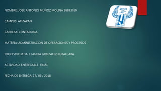 NOMBRE: JOSE ANTONIO MUÑOZ MOLINA 98883769
CAMPUS: ATIZAPAN
CARRERA: CONTADURIA
MATERIA: ADMINISTRACION DE OPERACIONES Y PROCESOS
PROFESOR: MTIA. CLAUDIA GONZALEZ RUBALCABA
ACTIVIDAD: ENTREGABLE FINAL
FECHA DE ENTREGA: 17/ 06 / 2018
 