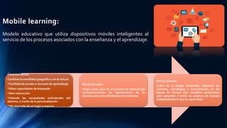 Mobile learning:
Modelo educativo que utiliza dispositivos móviles inteligentes al
servicio de los procesos asociados con la enseñanza y el aprendizaje.
Características:
Combina la movilidad geográfica con la virtual
*Facilidad de acceso a recursos de aprendizaje
*Altas capacidades de búsqueda
*Alta interacción
*Atiende las necesidades individuales del
alumno, a través de la personalización
* No depende de un lugar o espacio
Rol del docente:
Funge como guía en el proceso de aprendizaje
retroalimentando las aportaciones de su
alumnos así como brindando herramientas
Rol del alumno:
Autor de su propio desarrollo, eligiendo los
caminos, estrategias y herramientas en los
lapsos de tiempo que considere pertinentes
para aprender y poner en práctica de manera
independiente lo que ha aprendido.
 