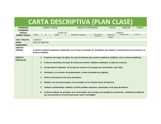 CARTA DESCRIPTIVA (PLAN CLASE)
PROGRAMA
ACADEMICO
TRONCO COMUN UNIDAD DE APRENDIZAJE FISICA II SEMESTRE CUARTO
PERIODO DURACIÓN CARRERA
PRIMER PARCIAL SESION 1 de 3 HORAS 2 NUMERO DE SEMANA 1 ADMINISTRCION
DE RECURSOS
SECRETARIADO
EJECUTIVO
BILINGÜE
PROGRAMACION x OFIMATICA x
TEMA PRINCIPAL DINAMICA.
TEMAS
SUBSIDIARIOS:
LEYES DE NEWTON
OBJETIVO
GENERAL El alumno resolverá problemas relacionados con las leyes y principios de la dinámica que explican el movimiento de los cuerpos en su
entorno cotidiano.
OBJETIVO
PARTICULAR:
1. El alumno será capaz de aplicar las Leyes de Newton para resolver problemas cotidianos y de su entorno académico.
2. El alumno identificara las leyes de newton con hechos cotidianos publicados en diversos entornos.
3. Comprenderá la aplicación de las leyes de newton en los equipos de comunicación que utiliza.
4. Participara en la solución de problemáticas a través de plataformas digitales.
5. Emitirá comentarios de las leyes de Newton.
6. Diseñara una estructura basada en los principios de la mecánica (leyes de Newton).
7. Analizara problemáticas cotidiana y emitirá posibles soluciones sustentadas en las leyes de Newton.
8. El alumno aplicará los principios de la conservación de la energía y de cantidad de movimiento, atendiendo problemas
que se presentan en el entorno personal, social y tecnológico.
 
