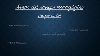 Áreas del campo Pedagógico
Empresarial
*Área administrativa.
*Recursos humanos.
*Capacitación de personal.
*Mejora de servicios.
 