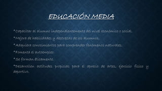 EDUCACIÓN MEDIA
*Capacitar al alumno independientemente del nivel económico o social.
*Mejora de habilidades y destrezas de los alumnos.
*Adquiera conocimientos para comprender fenómenos naturales.
*Fomenta el autoempleo.
*Se forman éticamente.
*Desarrollen actitudes propicias para el aprecio de artes, ejercicio físico y
deportivo.
 